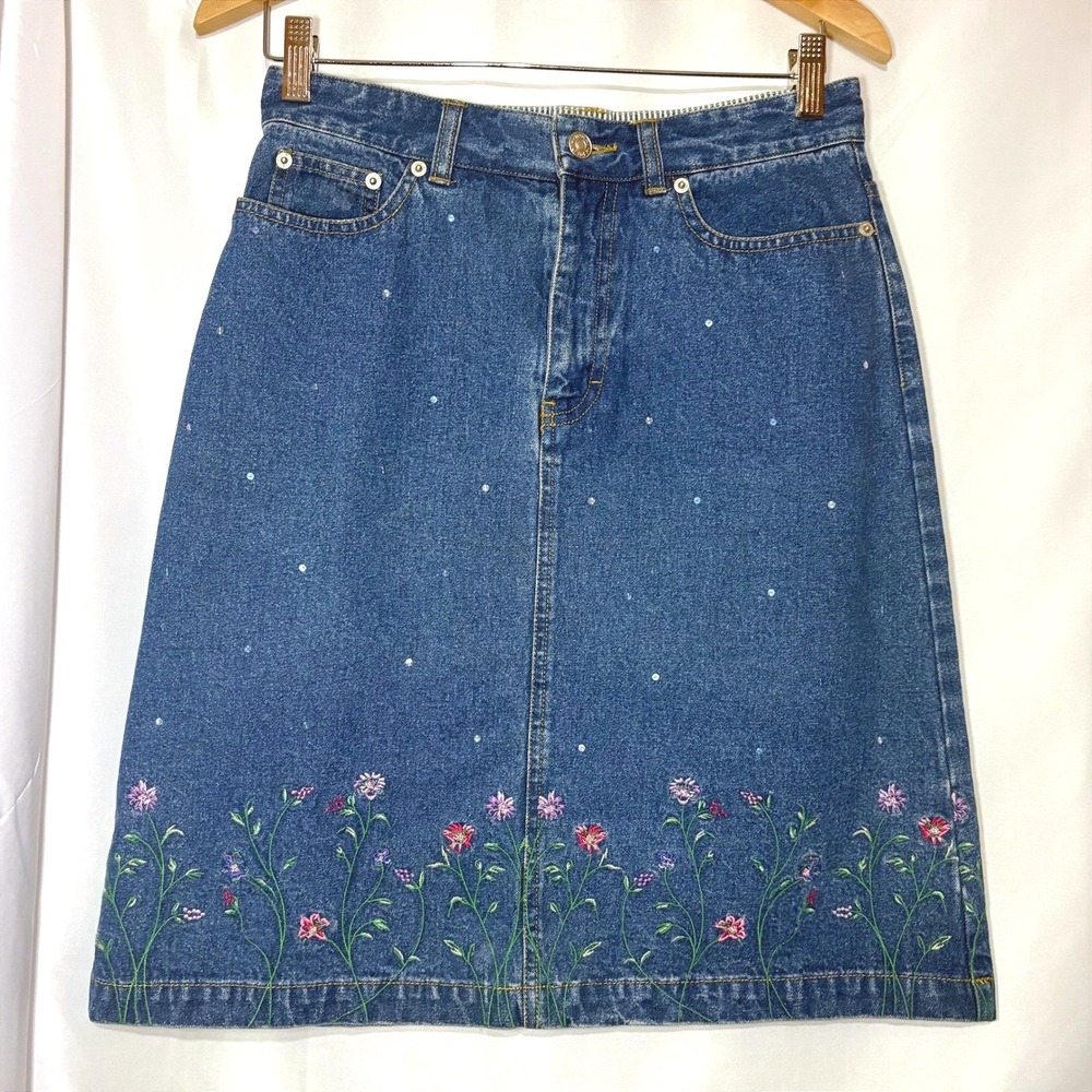 Vintage Embroidered Floral Denim Skirt Sequin Accents A-Line Knee Length